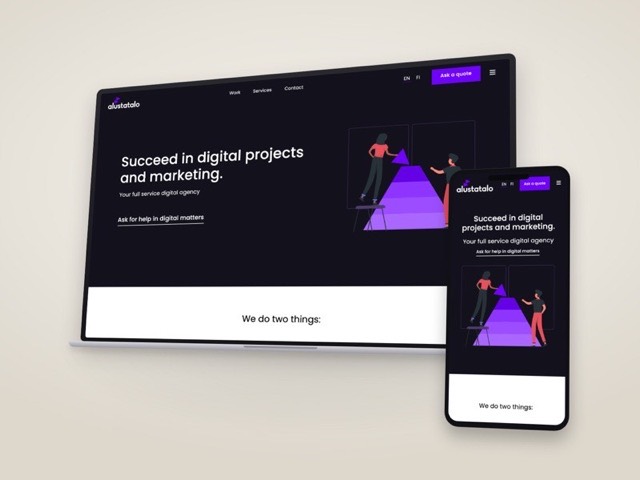 Alustatalo website shown on a laptop and phone